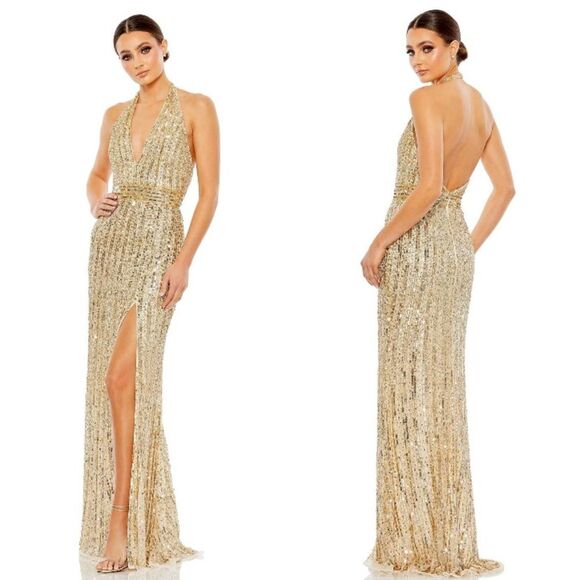 Mac Duggal Gold Nude Beaded Sequin Halter Evening Gown Style 5759 Size 10 - Picture 1 of 12